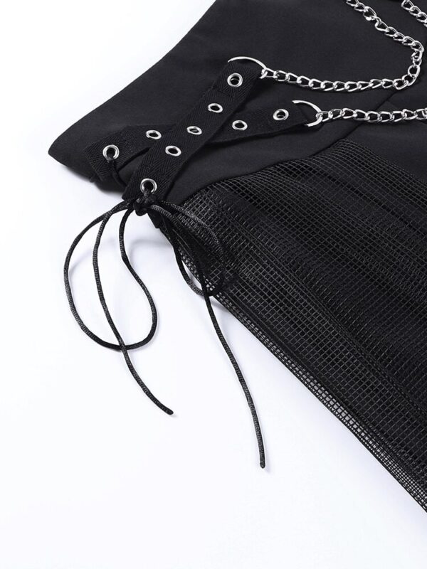 Side Mesh Pleated Mini Skirt with Chains Details