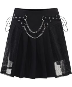 Side Mesh Pleated Mini Skirt with Chains Full