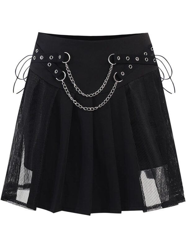 Side Mesh Pleated Mini Skirt with Chains Full
