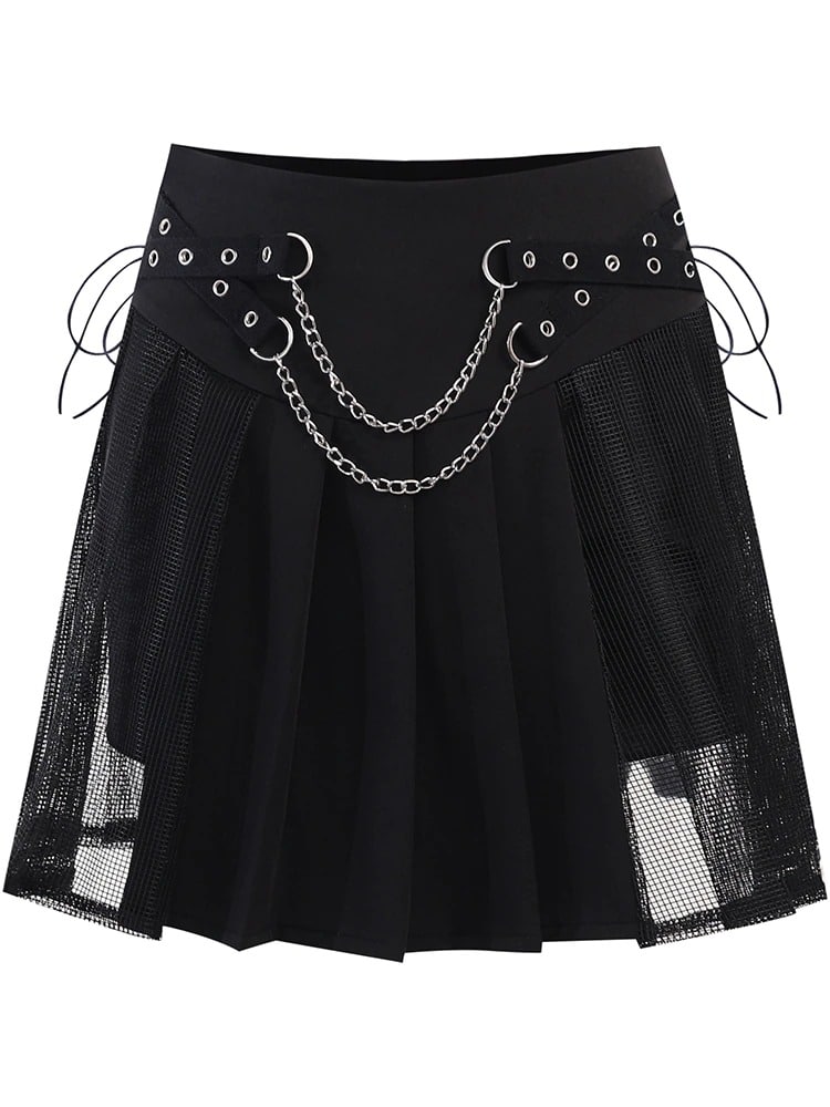 Side Mesh Pleated Mini Skirt with Chains
